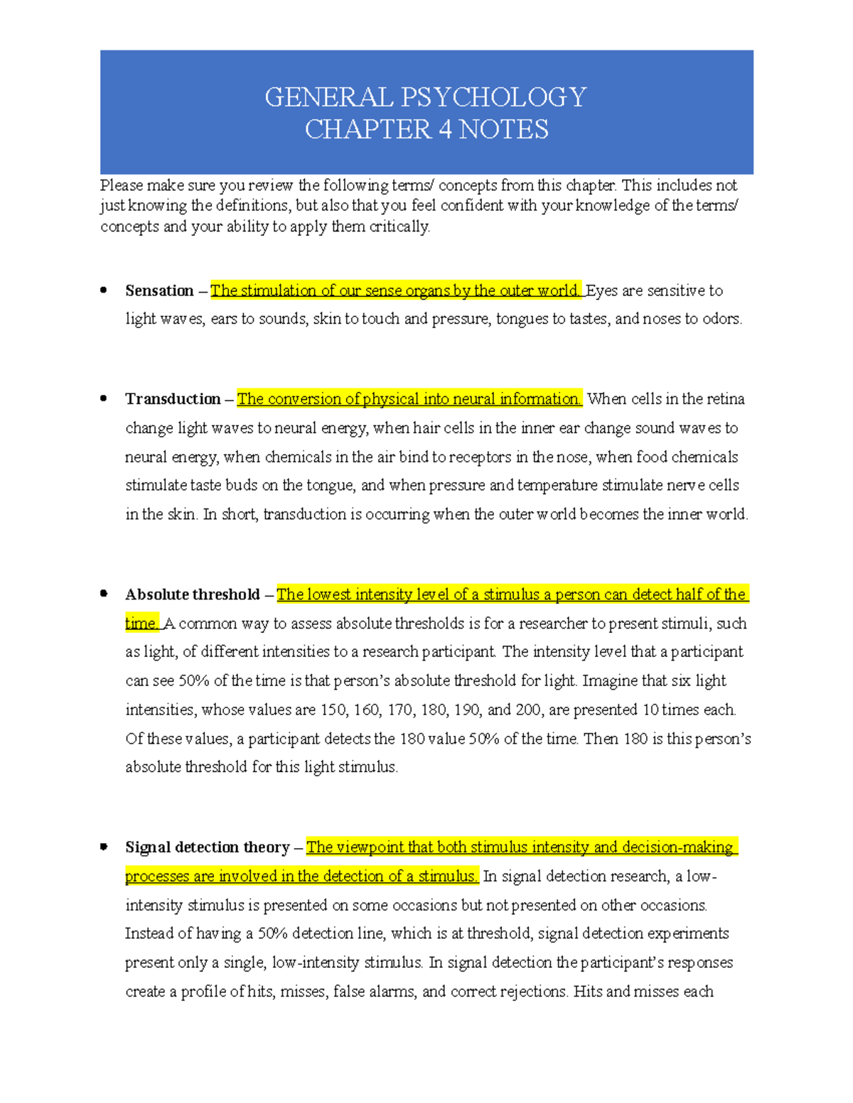 Chapter 4 Notes - Psychology Perspectives: Sensation and Perception ...