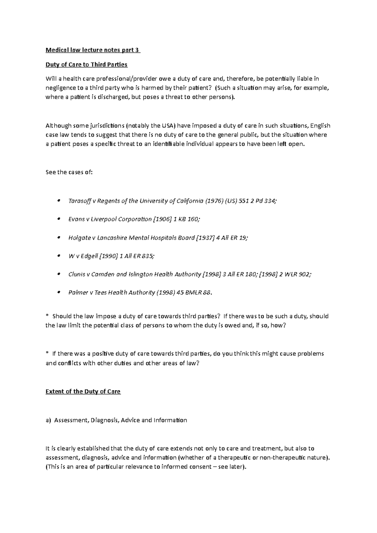 Medical Law Lecture Notes: Duty of Care to Third Parties (Part 3) - Studocu