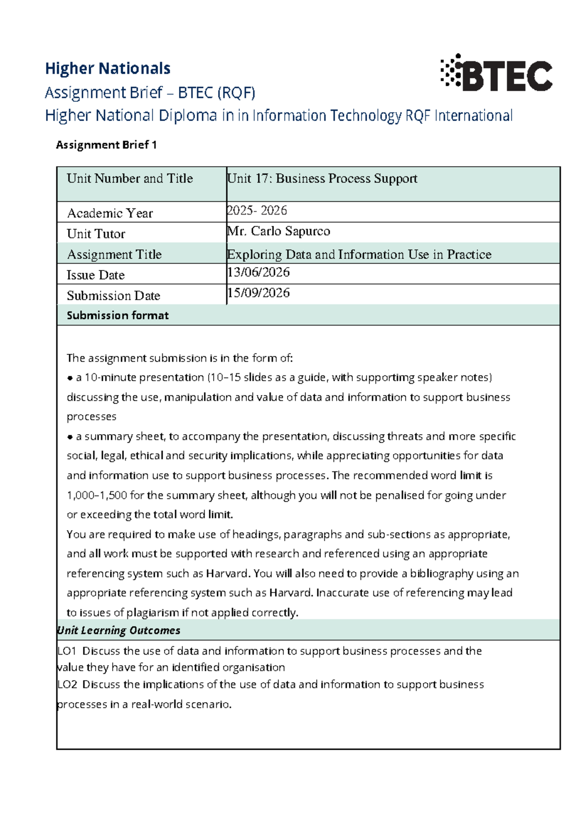 Assignment Brief - BTEC HND IT Unit 17: Business Process Support - Studocu