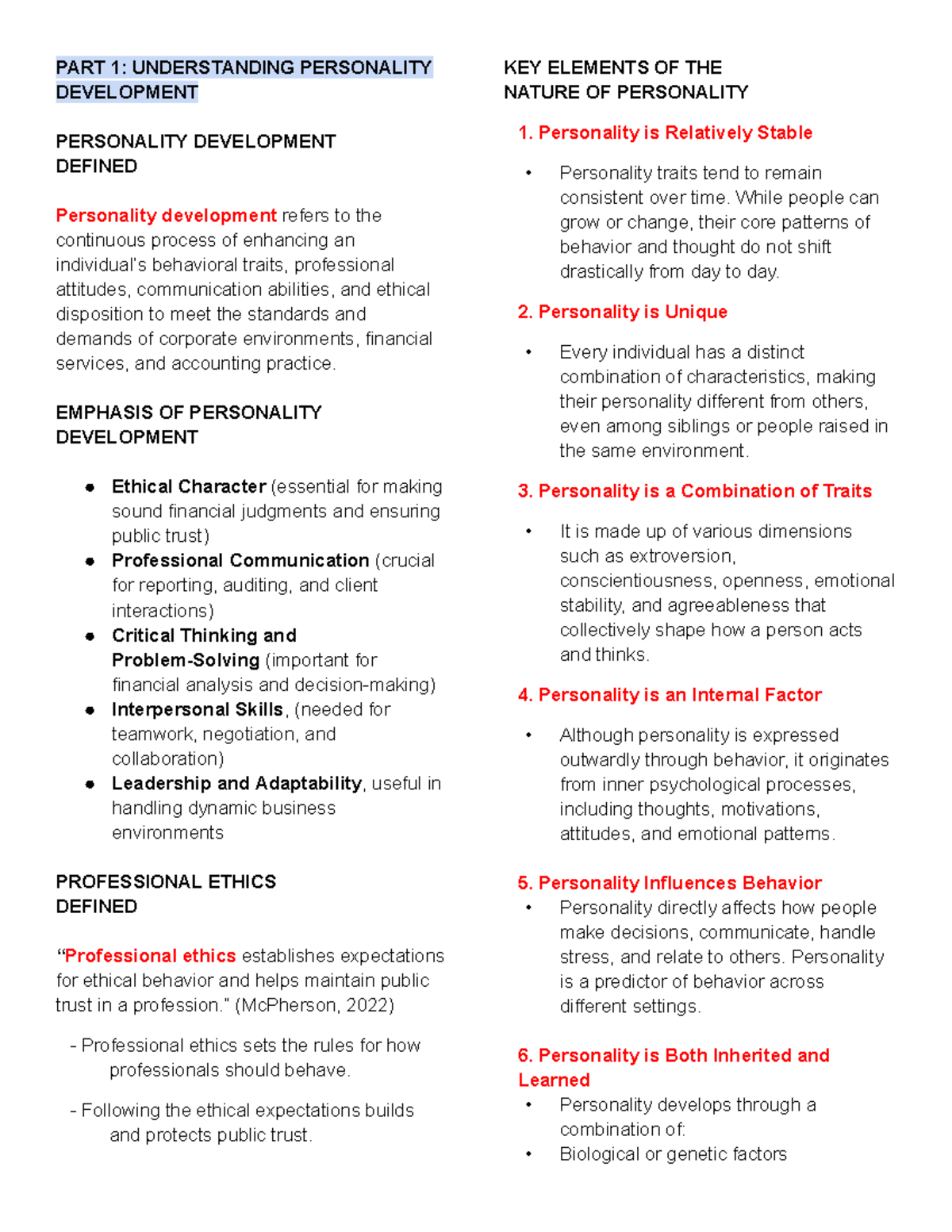 Perdev 101: Understanding Personality Development - Part 1 & 2 - Studocu