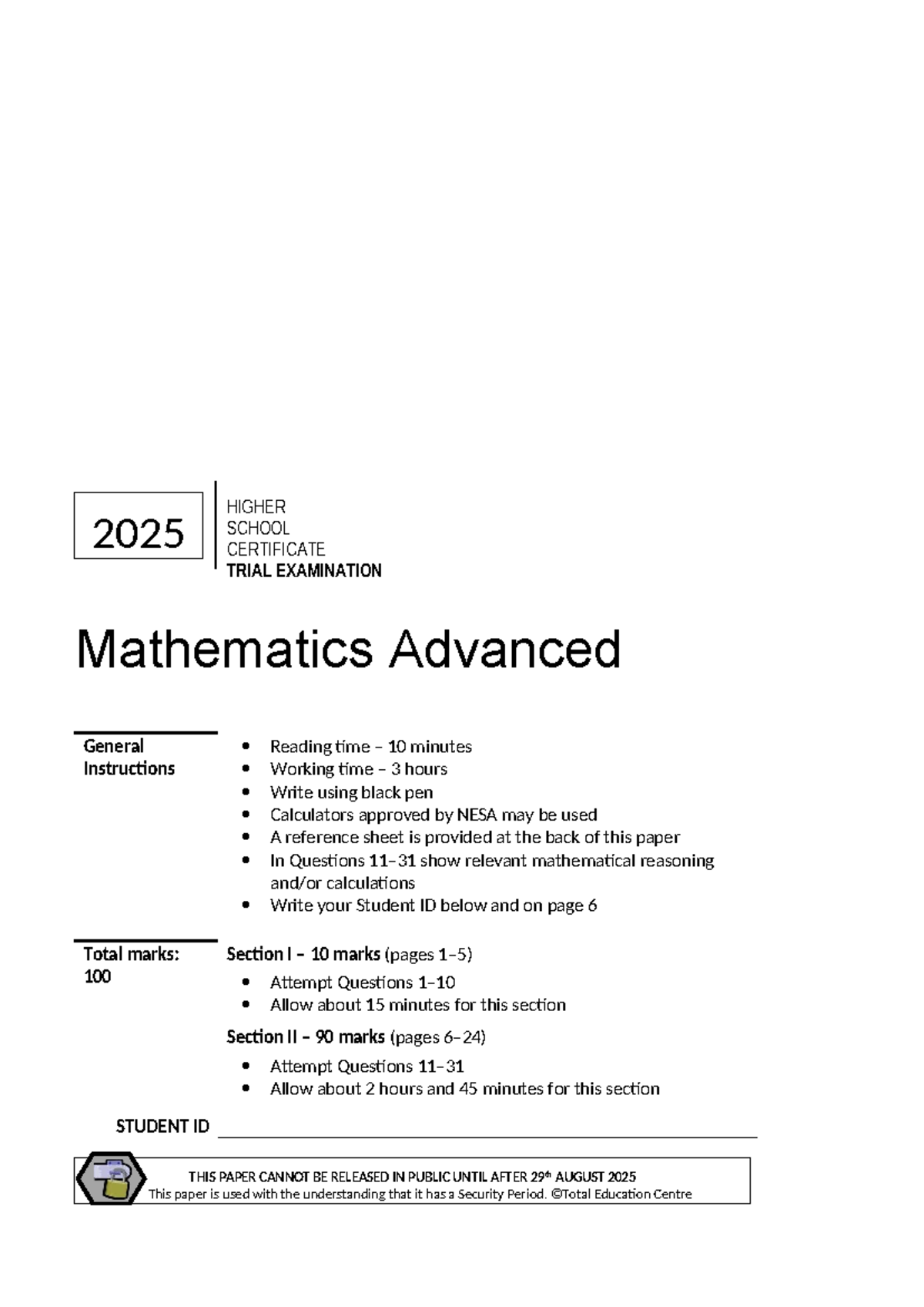TEC 2025 Mathematics Advanced HSC Trial Exam Paper - Studocu
