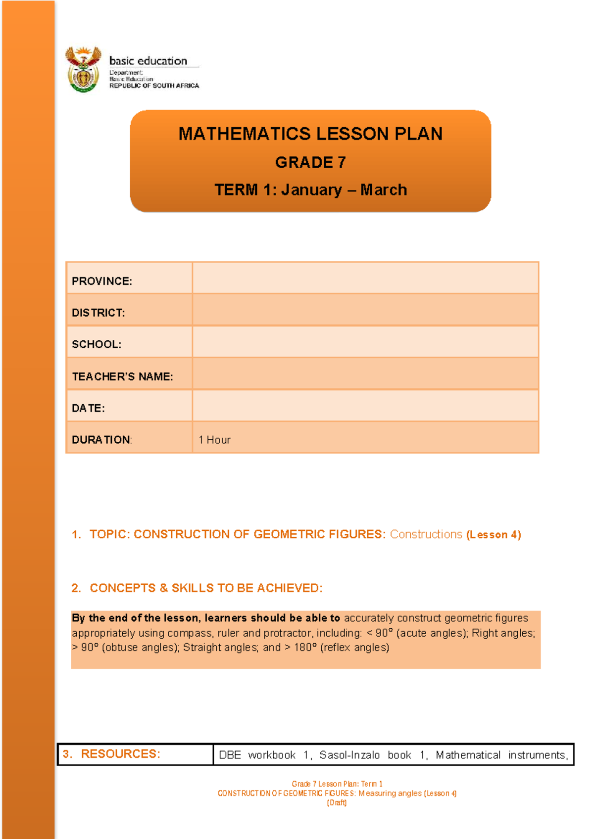 MATHEMATICS GRADE 7 TERM 1 LESSON PLAN: CONSTRUCTION OF FIGURES - Studocu
