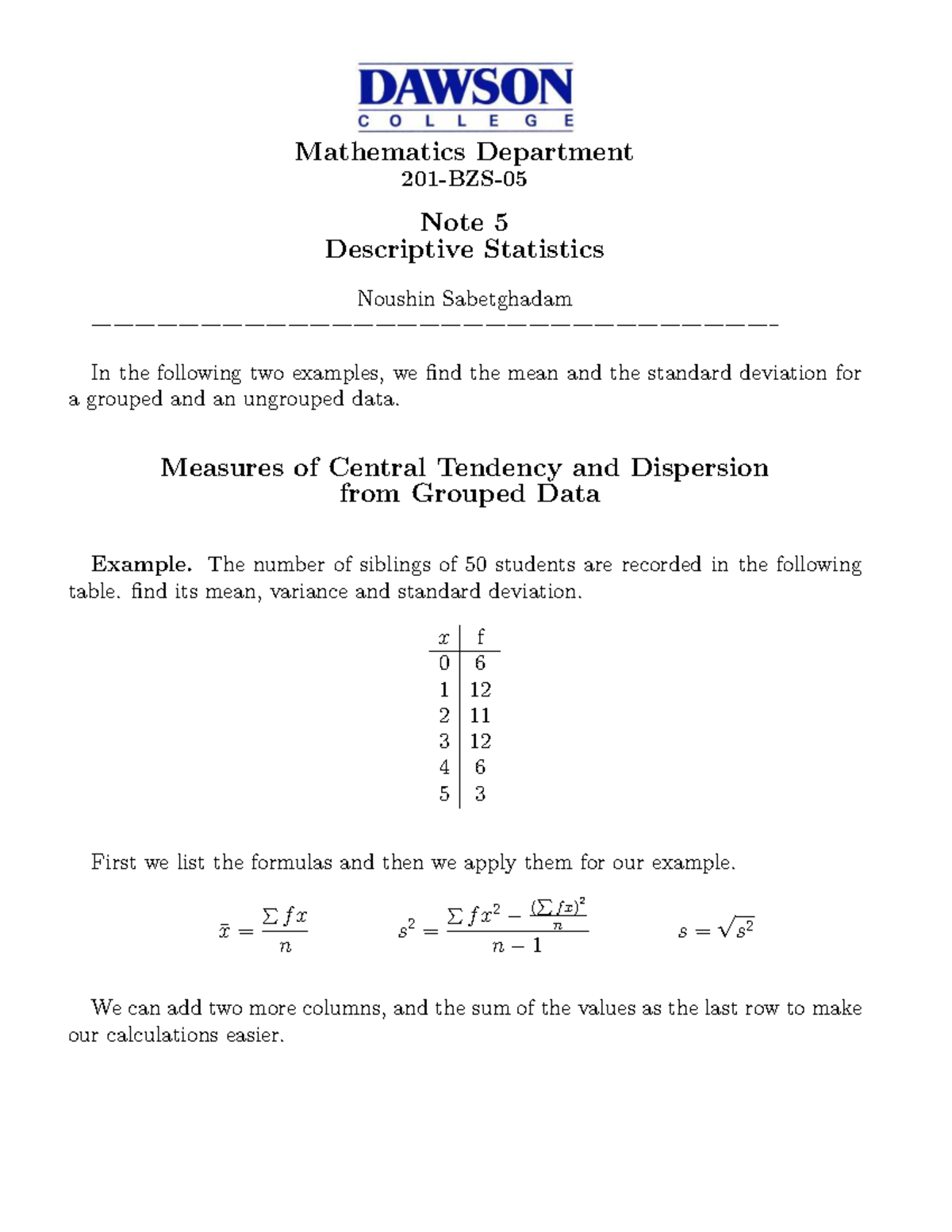 Mathematics 101: Note 5 on Descriptive Statistics and Data Analysis ...
