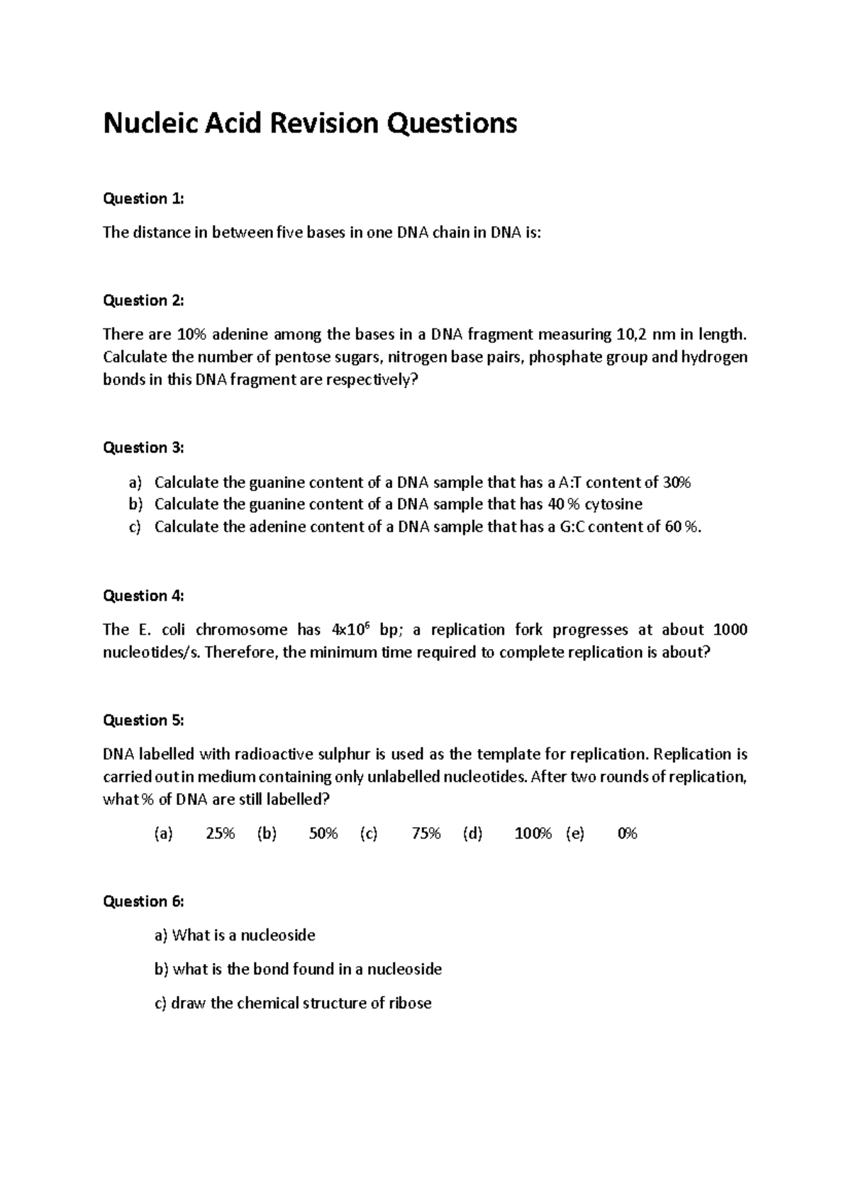 Nucleic Acid Revision Questions for Biology 101: Key Concepts ...