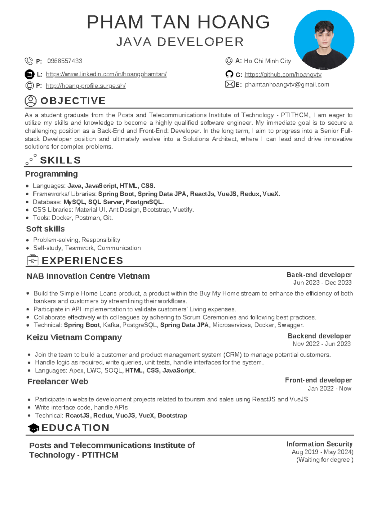Java Developer Resume - Pham Tan Hoang (PTITHCM) - Studocu