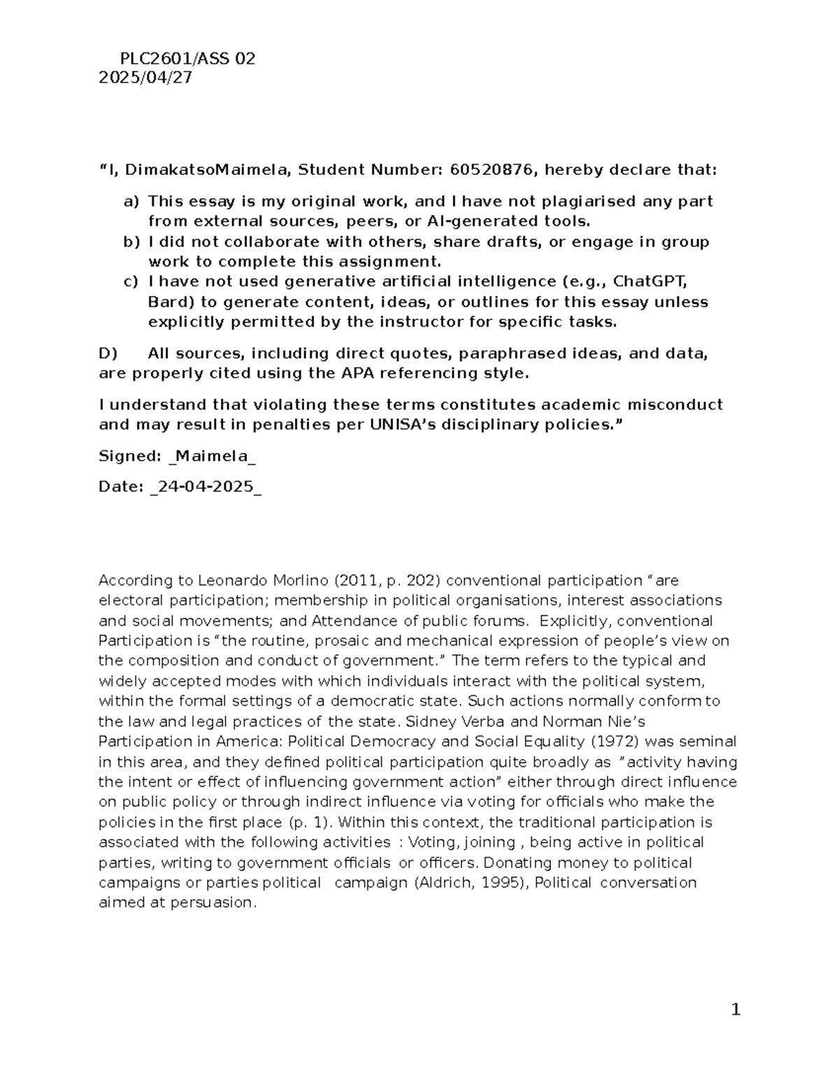 PLC2601 Assignment 2 - Academic Integrity and Political Participation ...