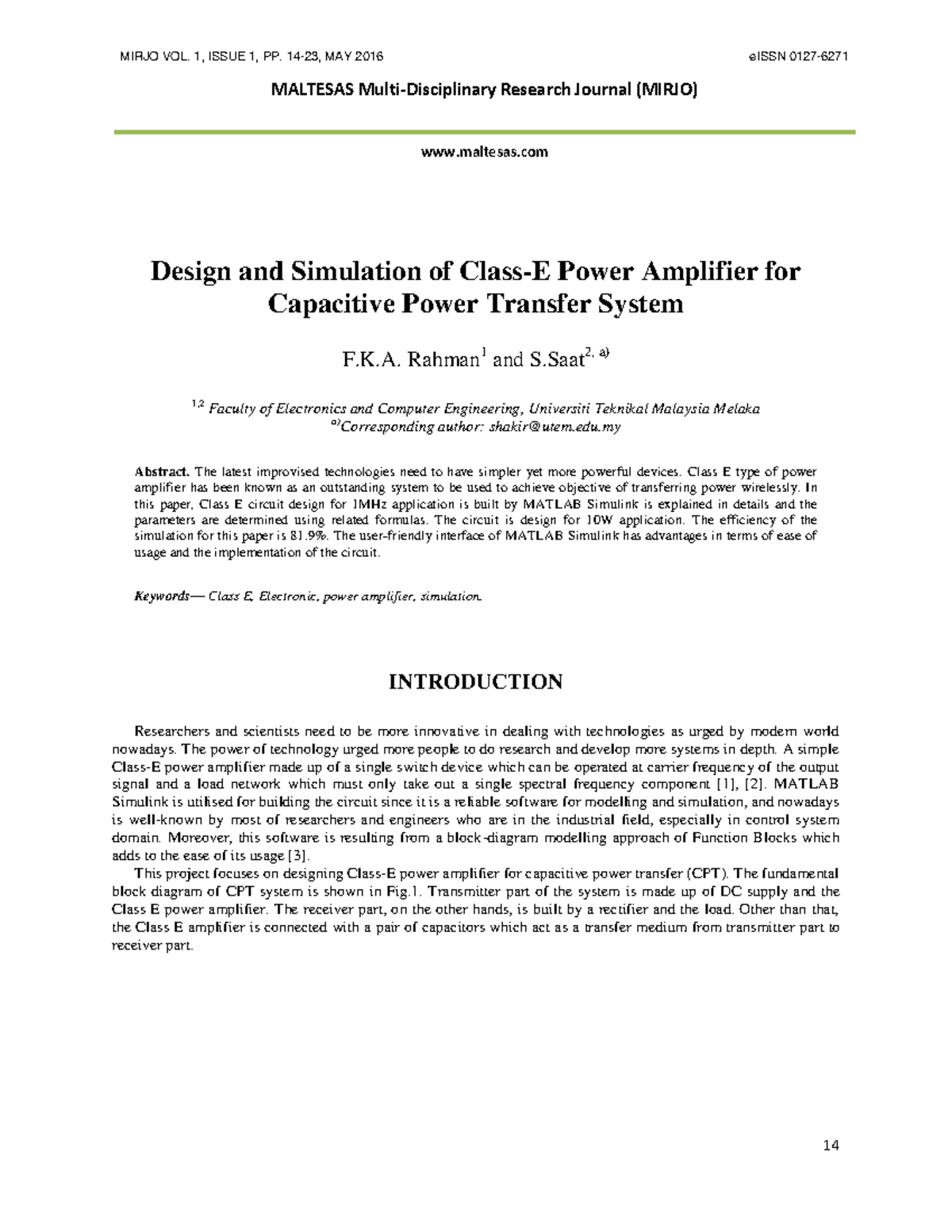 Design and Simulation of Class E Power Amplifier for CPT System (MIRJO ...