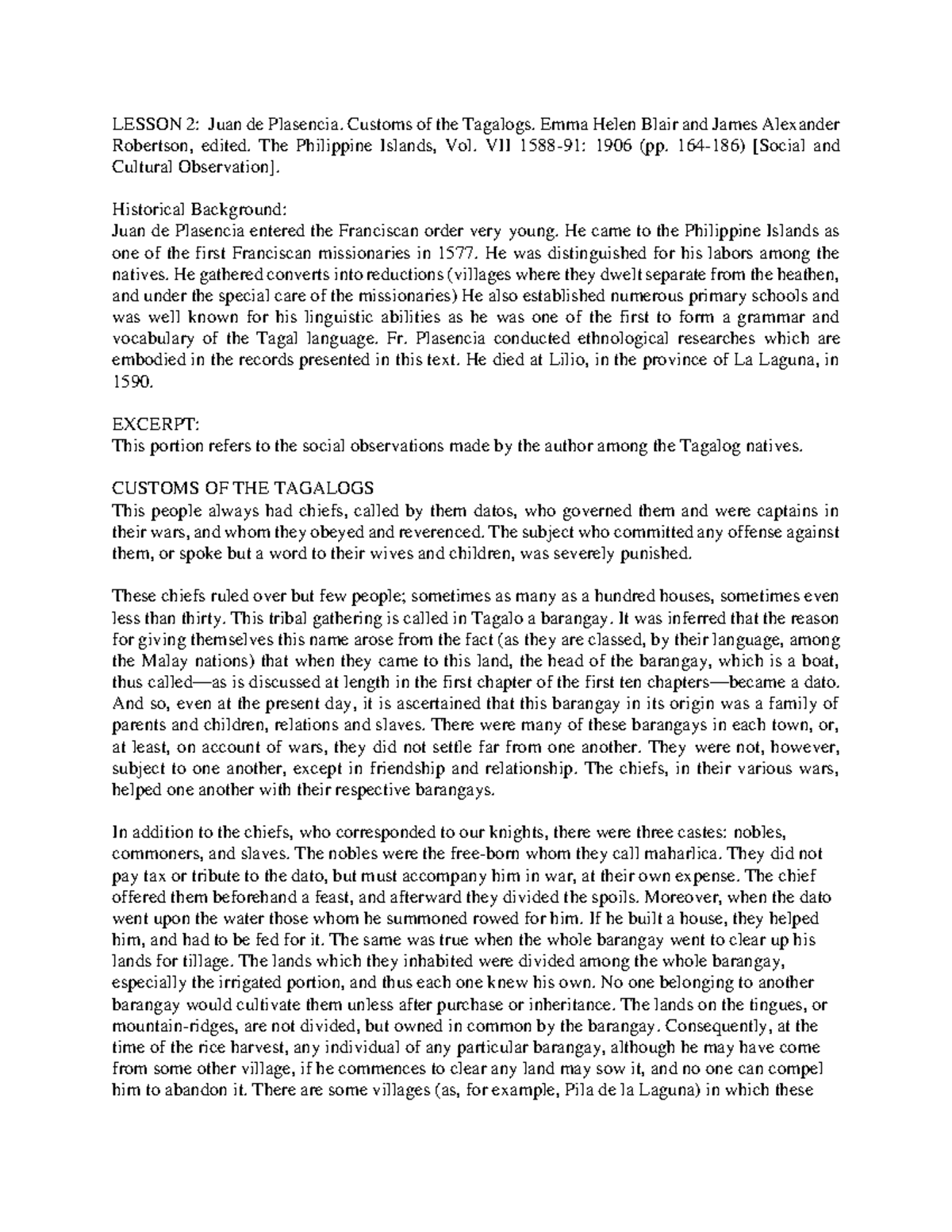 Customs of the Tagalogs: Lesson 2 Analysis and Observations - Studocu