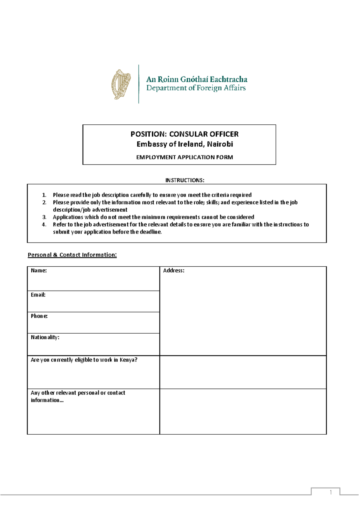 Application Form for Consular Officer Position - Nairobi - Studocu