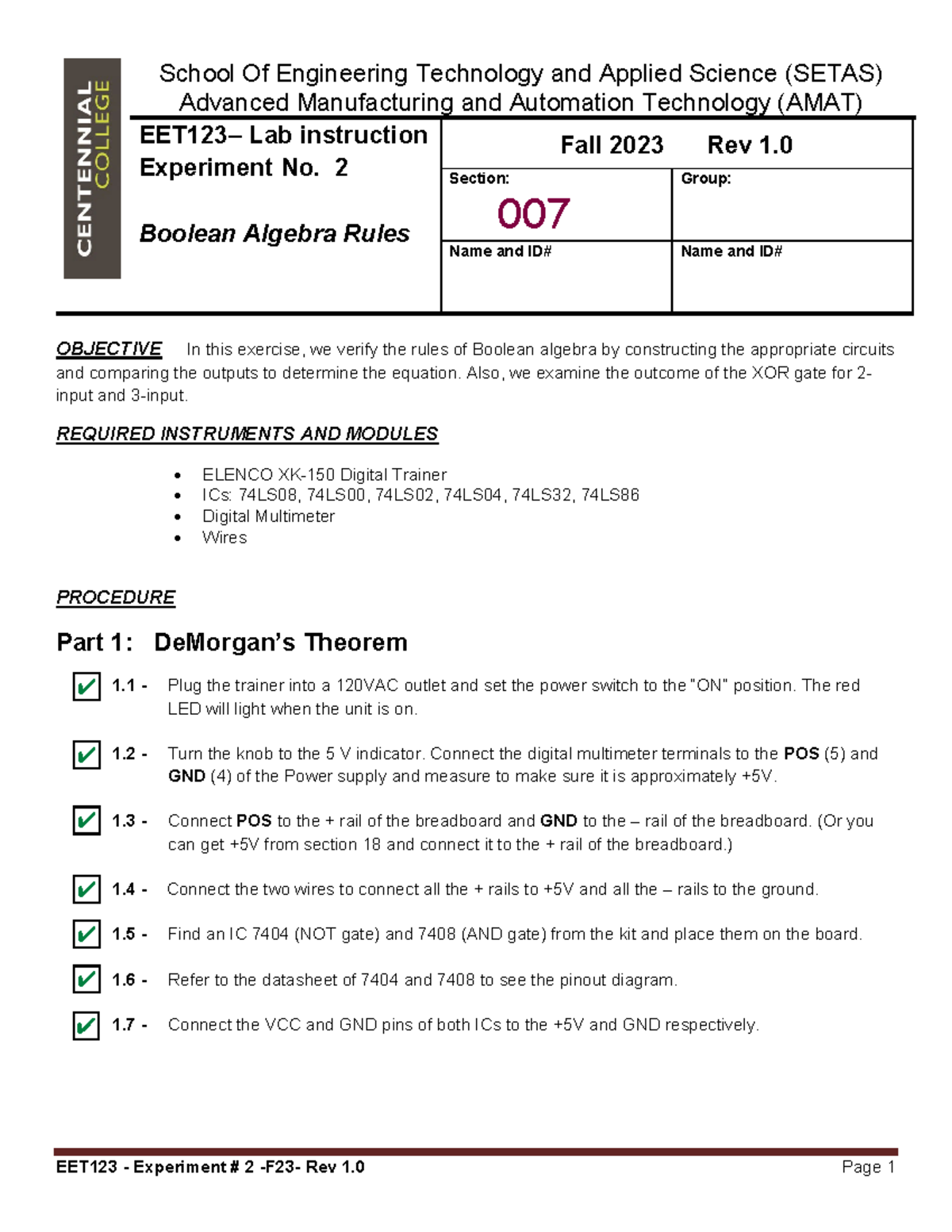 EET123-F23 Experiment 2: Boolean Algebra Rules and Circuit Testing ...