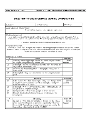 PEAC MATH INSET 2025 Handout 6.1: Direct Instruction on Profit Analysis ...