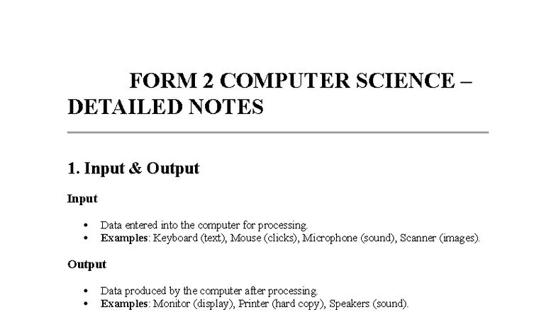 FORM 2 COMPUTER SCIENCE DETAILED NOTES ON INPUT/OUTPUT & MEMORY - Studocu