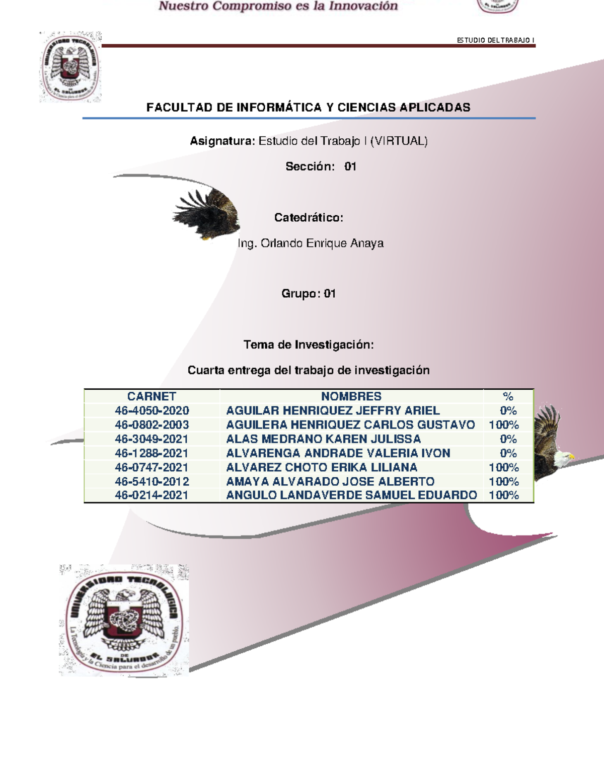 Estudio del Trabajo I: Cuarta Entrega de Investigación (Virtual) - Document Preview