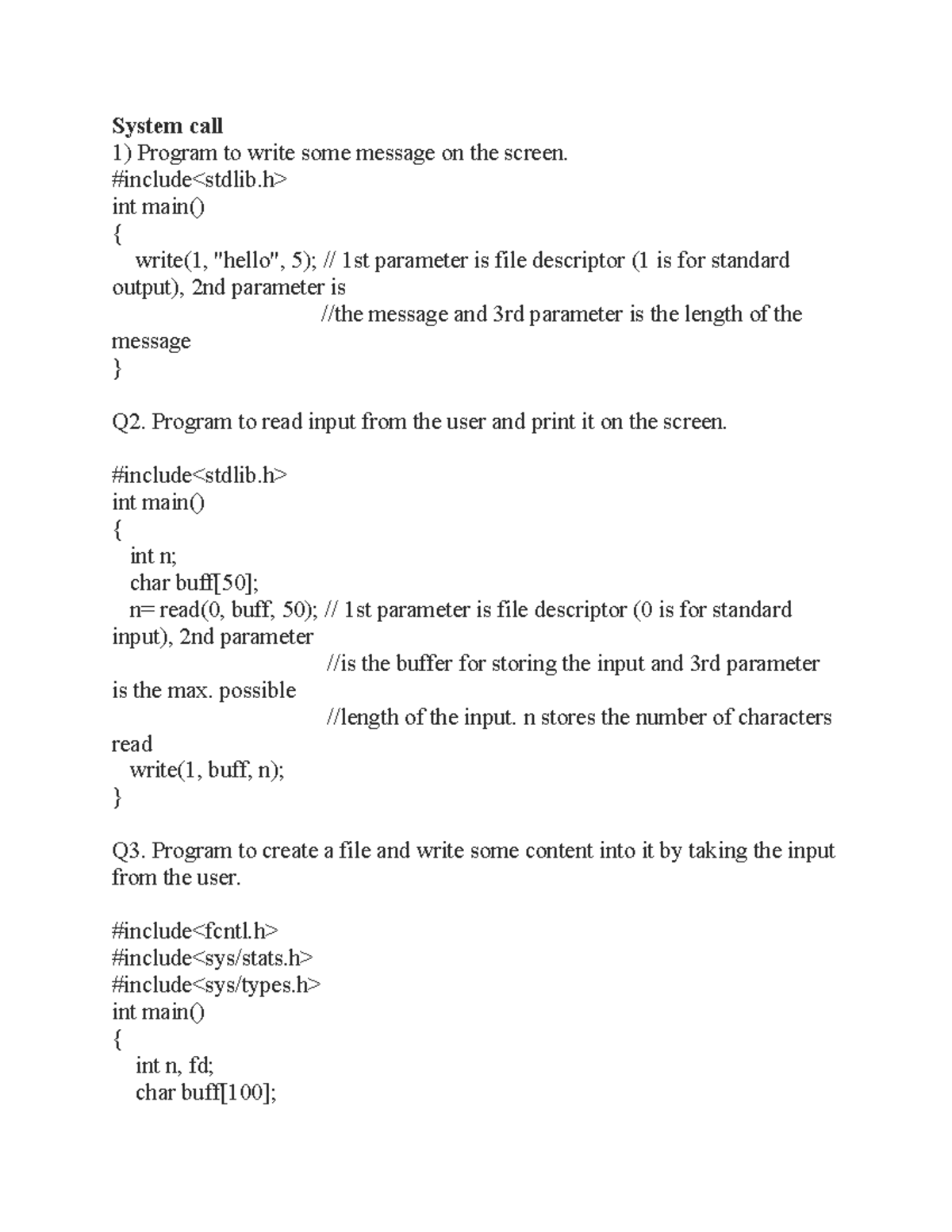 OS lab programs - lecture notes - System call 1) Program to write some ...
