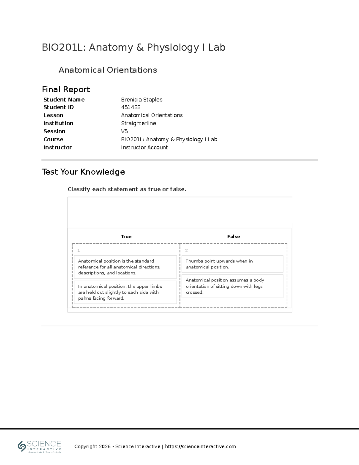 BIO201L: Final Report on Anatomical Orientations Lab - Studocu