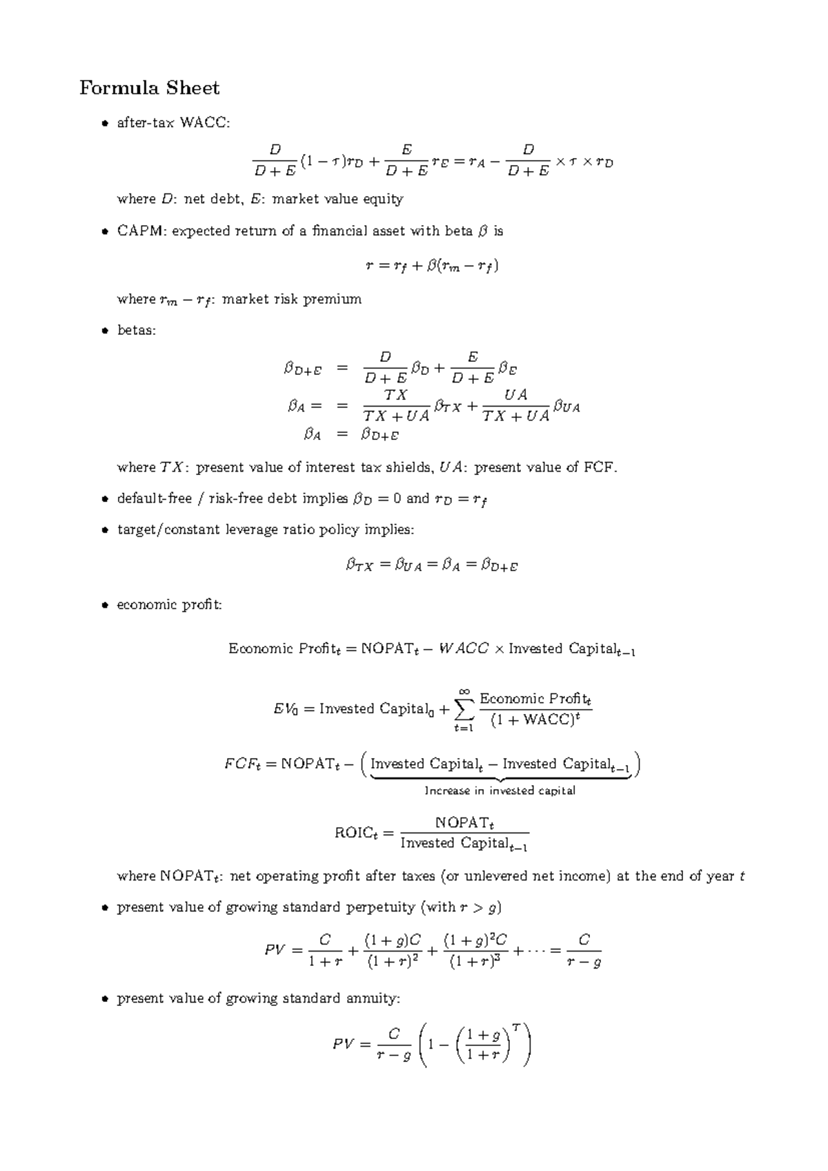 WACC Formula Sheet: Key Equations and Concepts for TX UA - Studeersnel