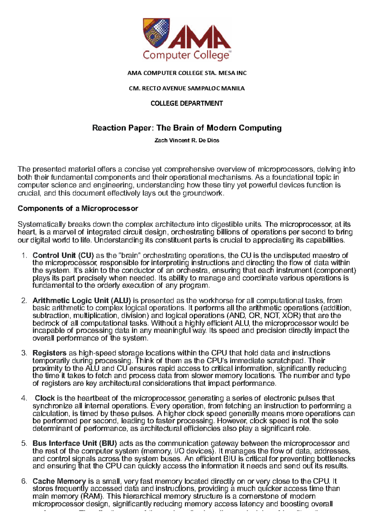 CM 101 Reaction Paper: Understanding Microprocessors and Their ...
