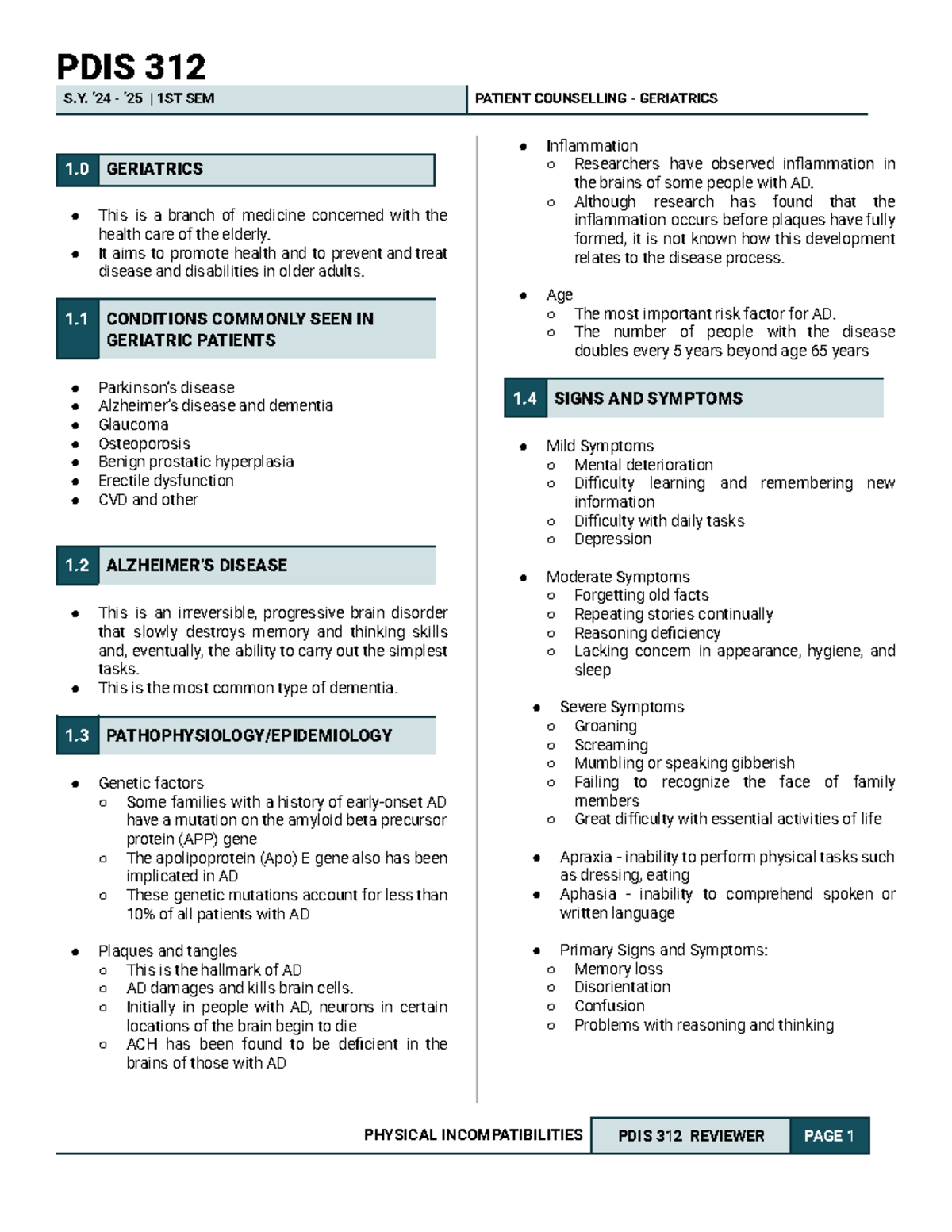 PDIS 312 1ST SEM Geriatrics Patient Counselling Reviewer - Studocu