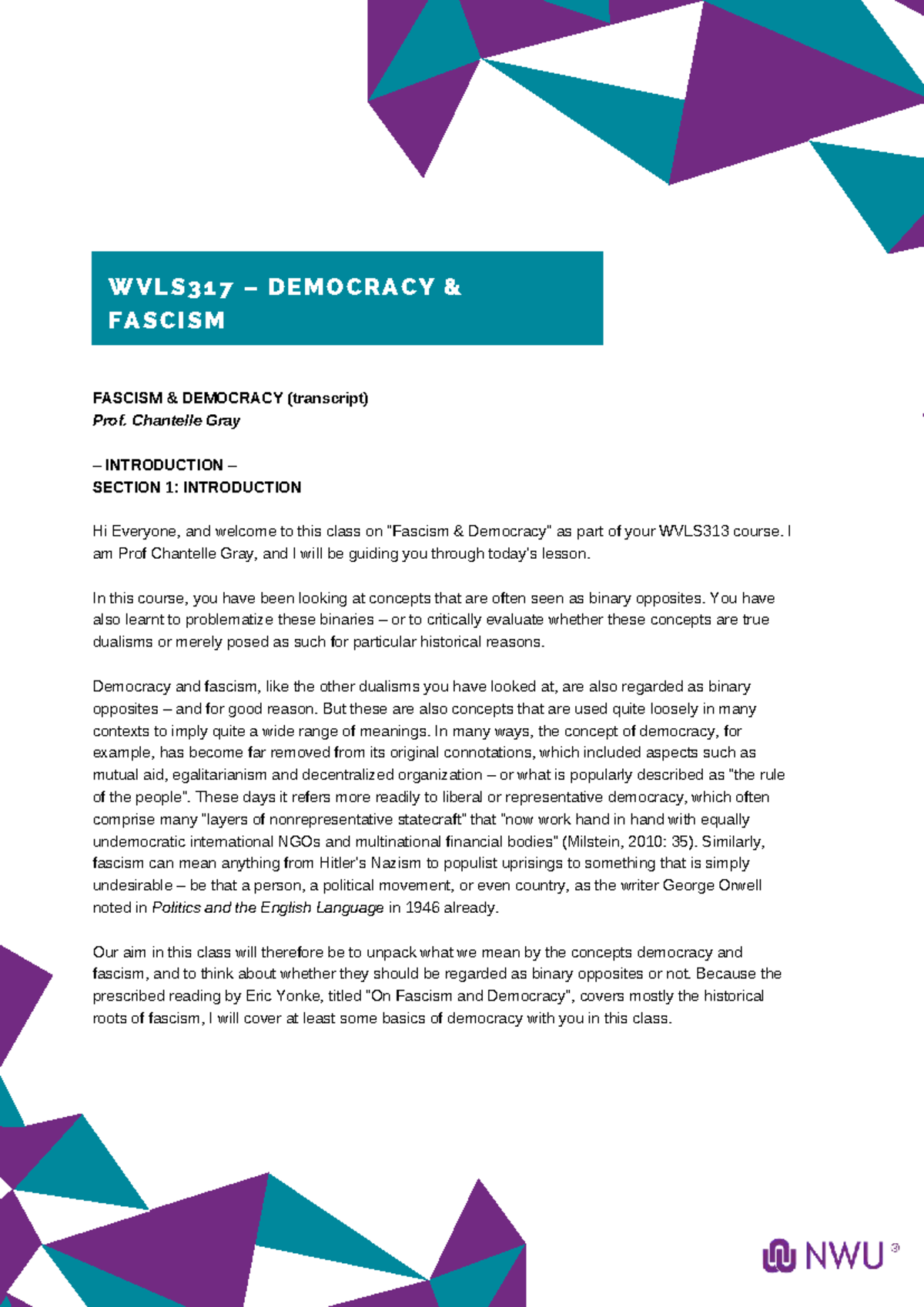 WVLS317 - Lecture on Fascism and Democracy: Unpacking Key Concepts ...