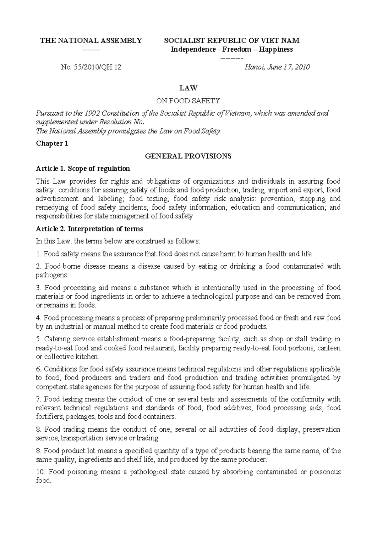 LAW ON FOOD SAFETY 2010: Regulations and Provisions Overview - Studocu