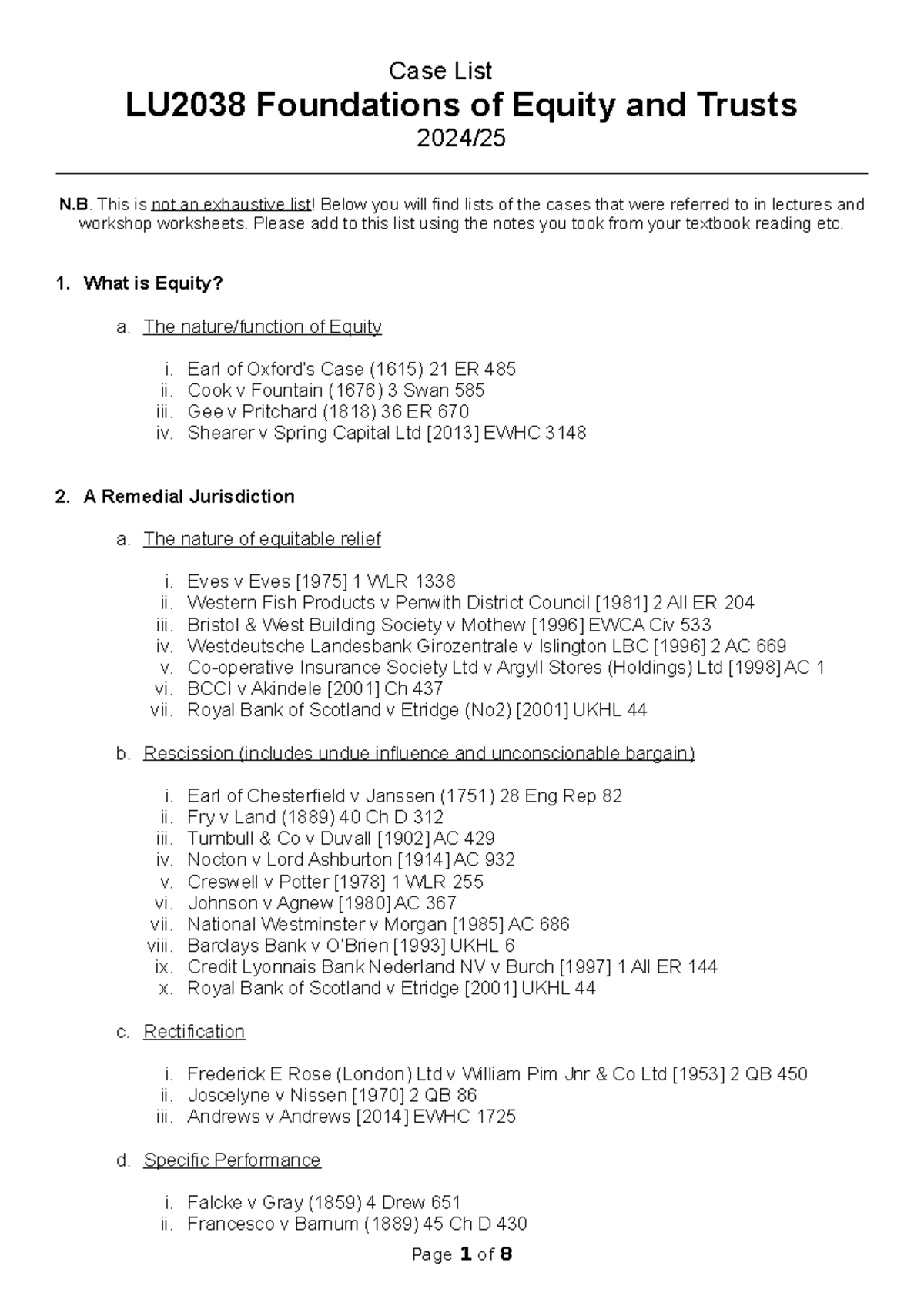 Equity Case List for LU2038: Key Cases and Principles Explained - Studocu