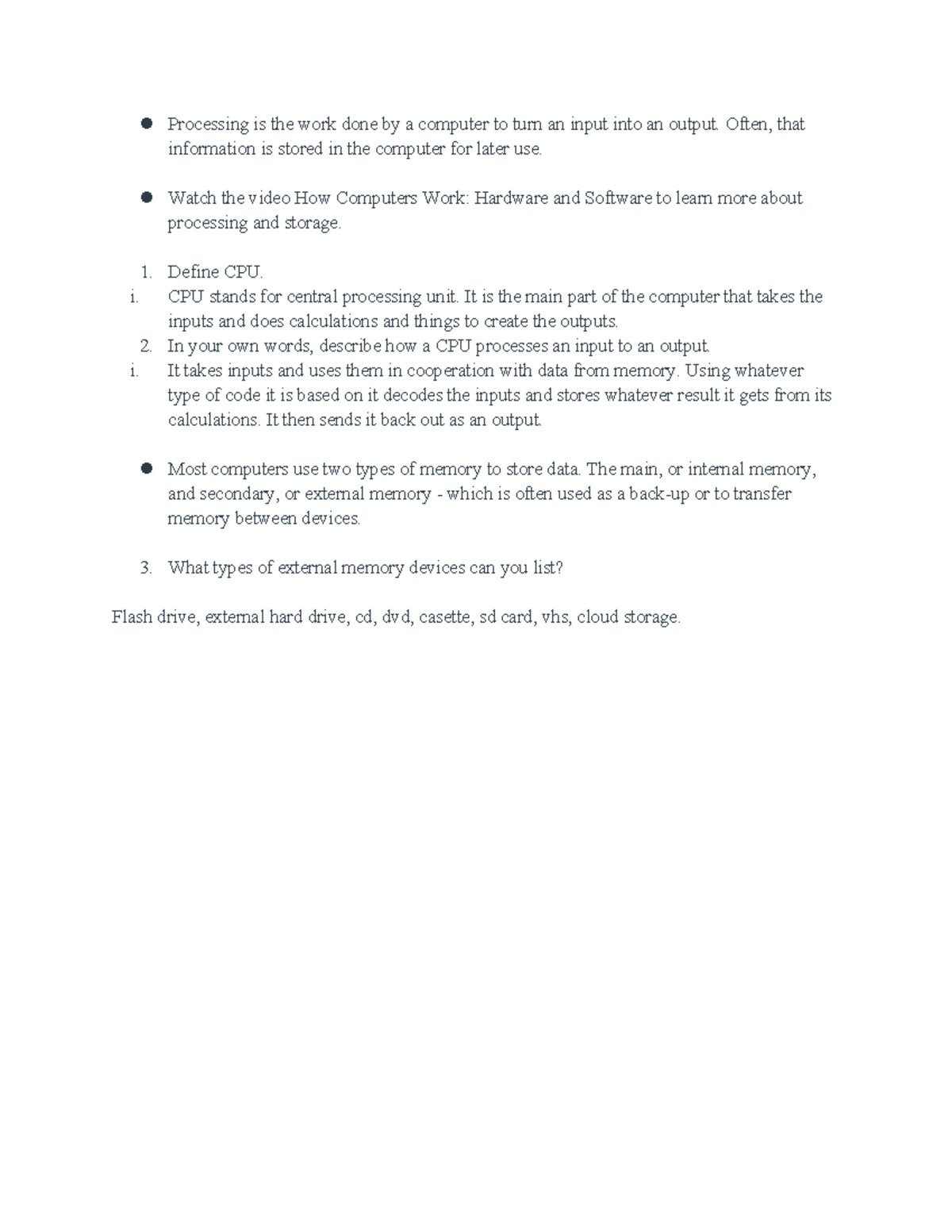 3.2.2 Worksheet - Summary of CPU and Memory in Intro to CS - Studocu