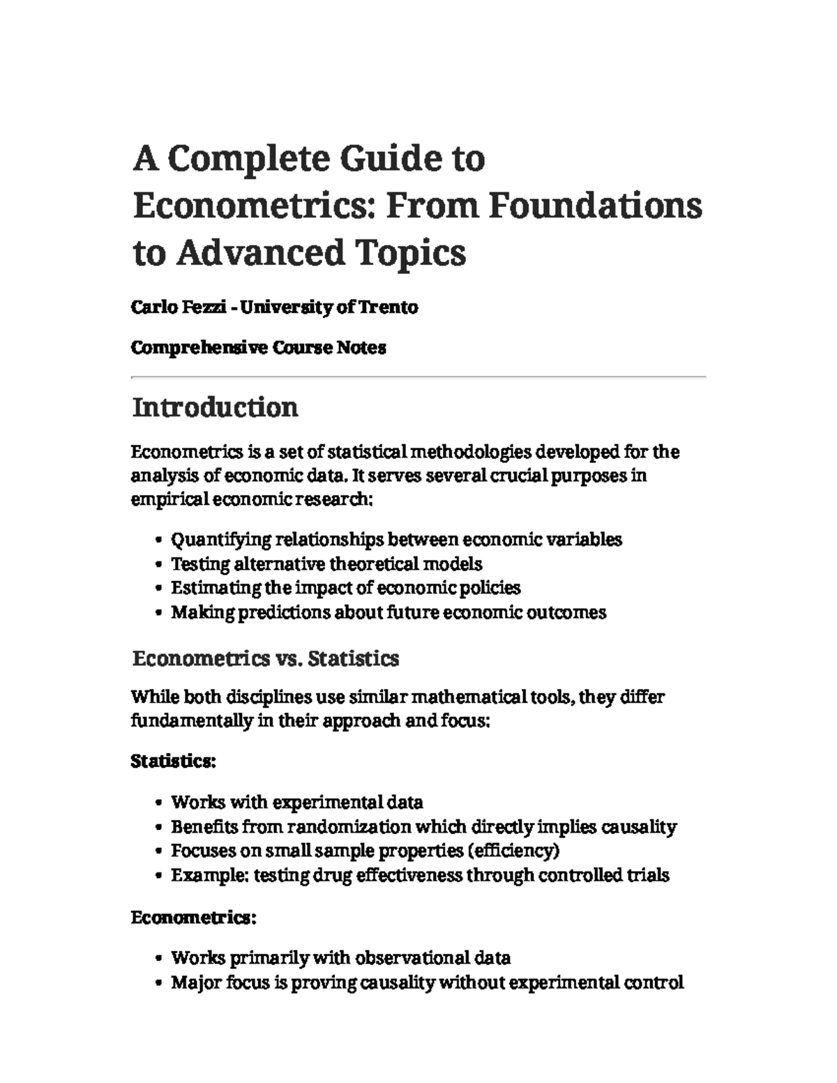 Econometrics (ECO 101): Comprehensive Course Notes and Guide - Studocu