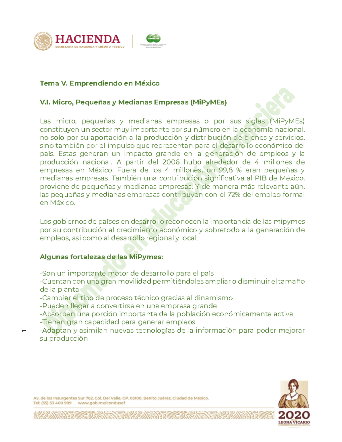 Mod I - qwef - 1 Tema V. Emprendiendo en México V. Micro, Pequeñas y ...