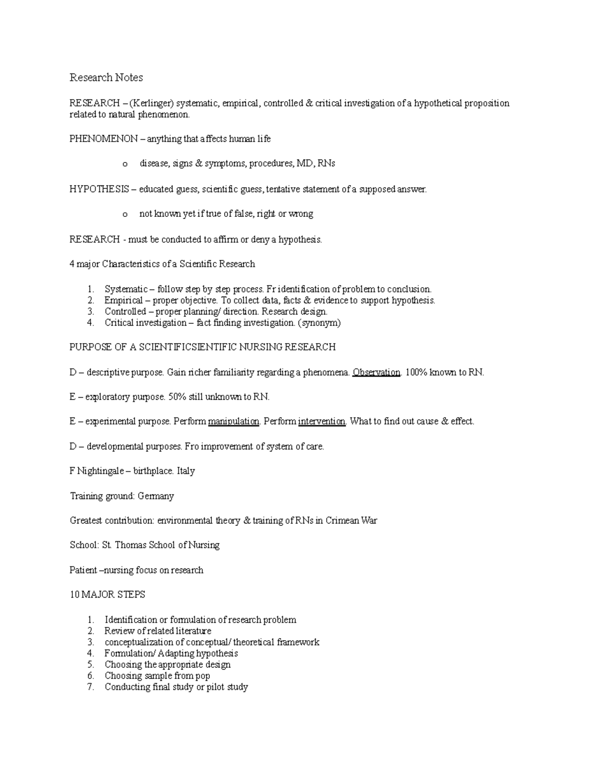 BSN Research - Research Notes RESEARCH – (Kerlinger) systematic ...