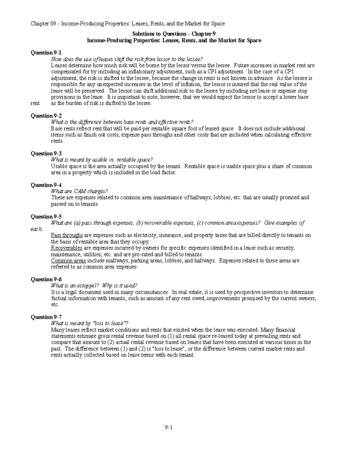 Chap009 - abc - Solutions to Questions - Chapter 9 Income-Producing ...