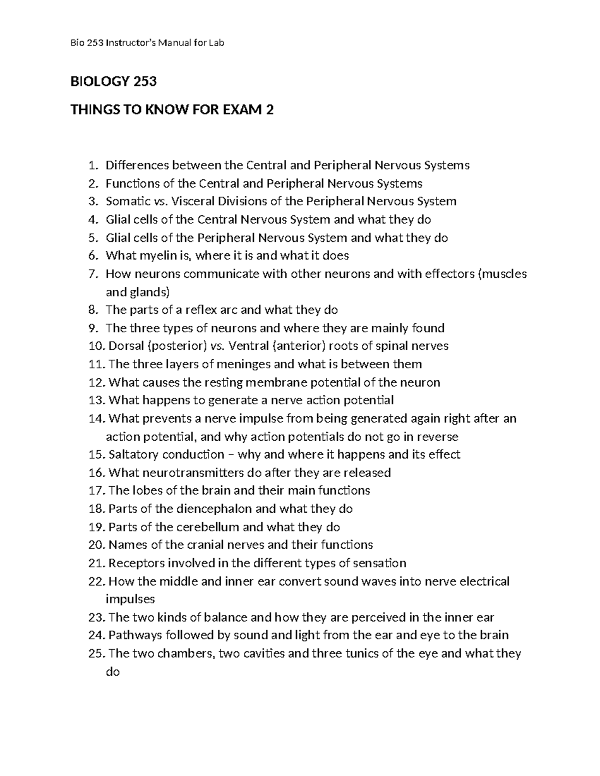 HCON Bio 253 Exam 2 Study Guide: Nervous System Essentials - Studocu