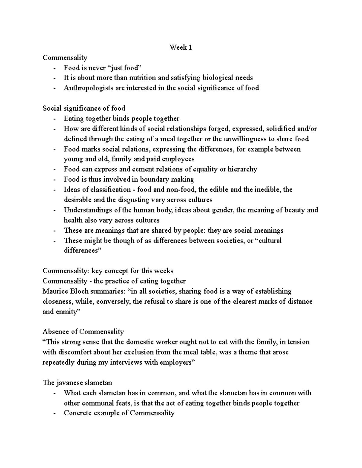 Week 1 lecture notes on commensality and food anthropology (ANTH2003 ...