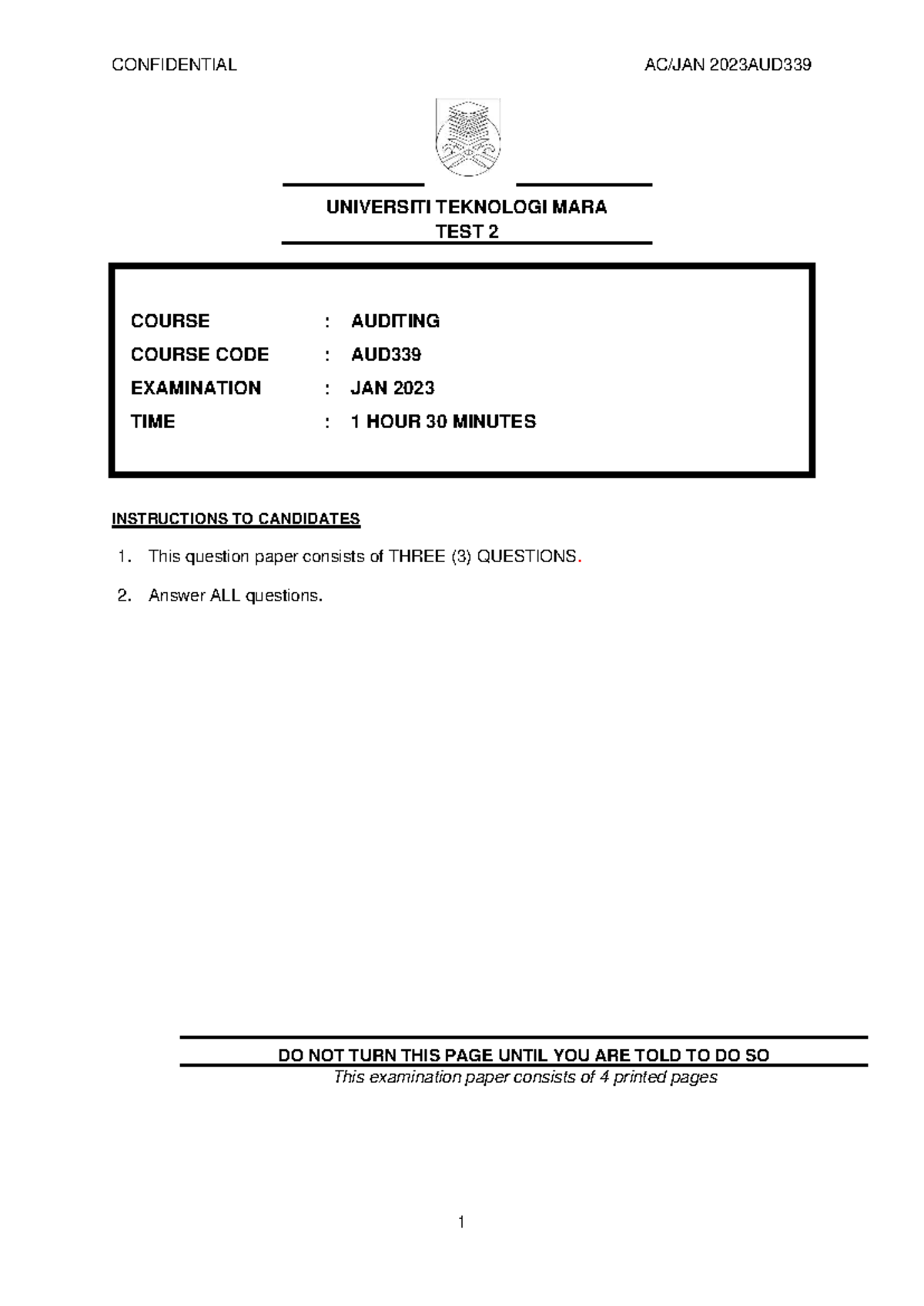AUD339 Test 2: Auditing Examination January 2023 - Studocu