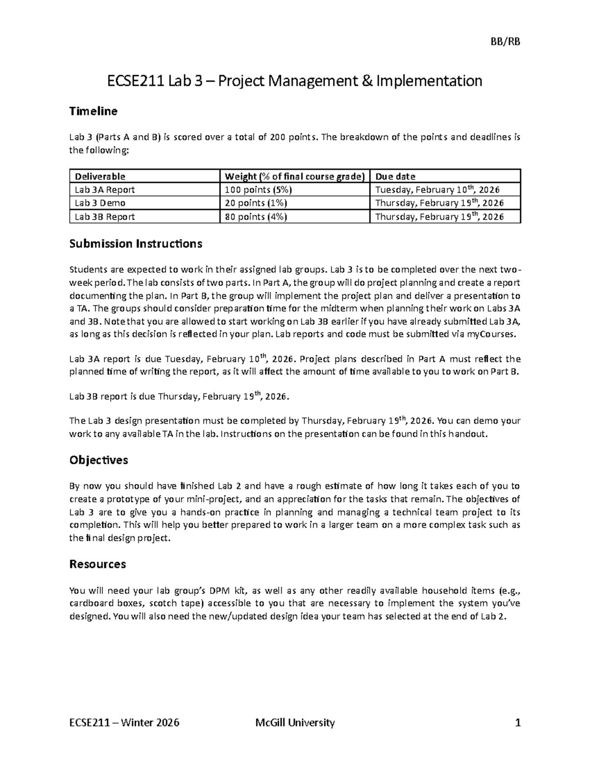 ECSE211 W2026 Lab 3 - Project Management & Implementation Guide - Studocu