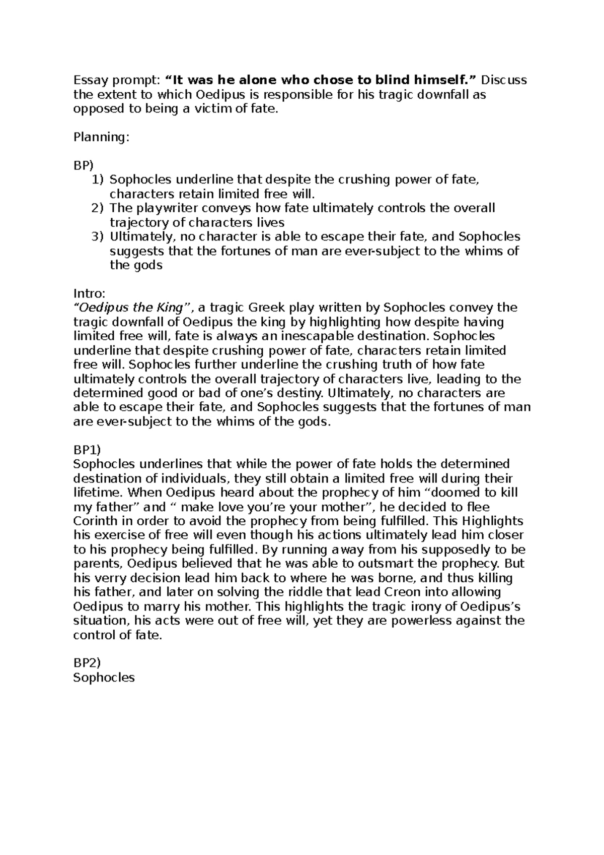 Essay Notes: Oedipus' Tragic Downfall & Fate (ENG 101) - Studocu