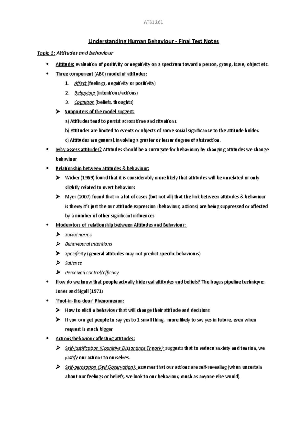 Understanding Human Behaviour - PSY101 Final Exam Notes (Lectures 1-12 ...