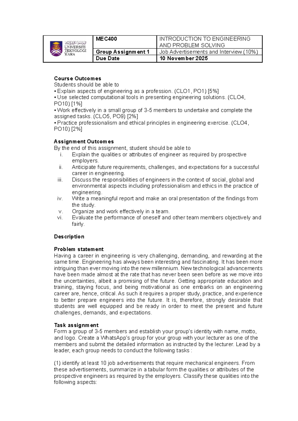 MEC400 Group Assignment 1: Engineering Careers & Team Dynamics - Studocu