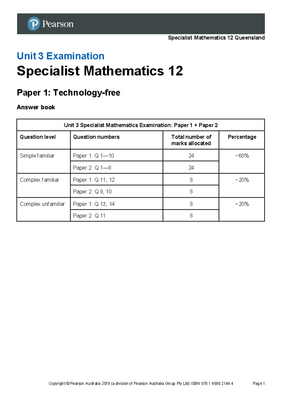 Specialist Mathematics 12 QLD Unit 3 Exam Solutions: Papers 1 & 2 - Studocu