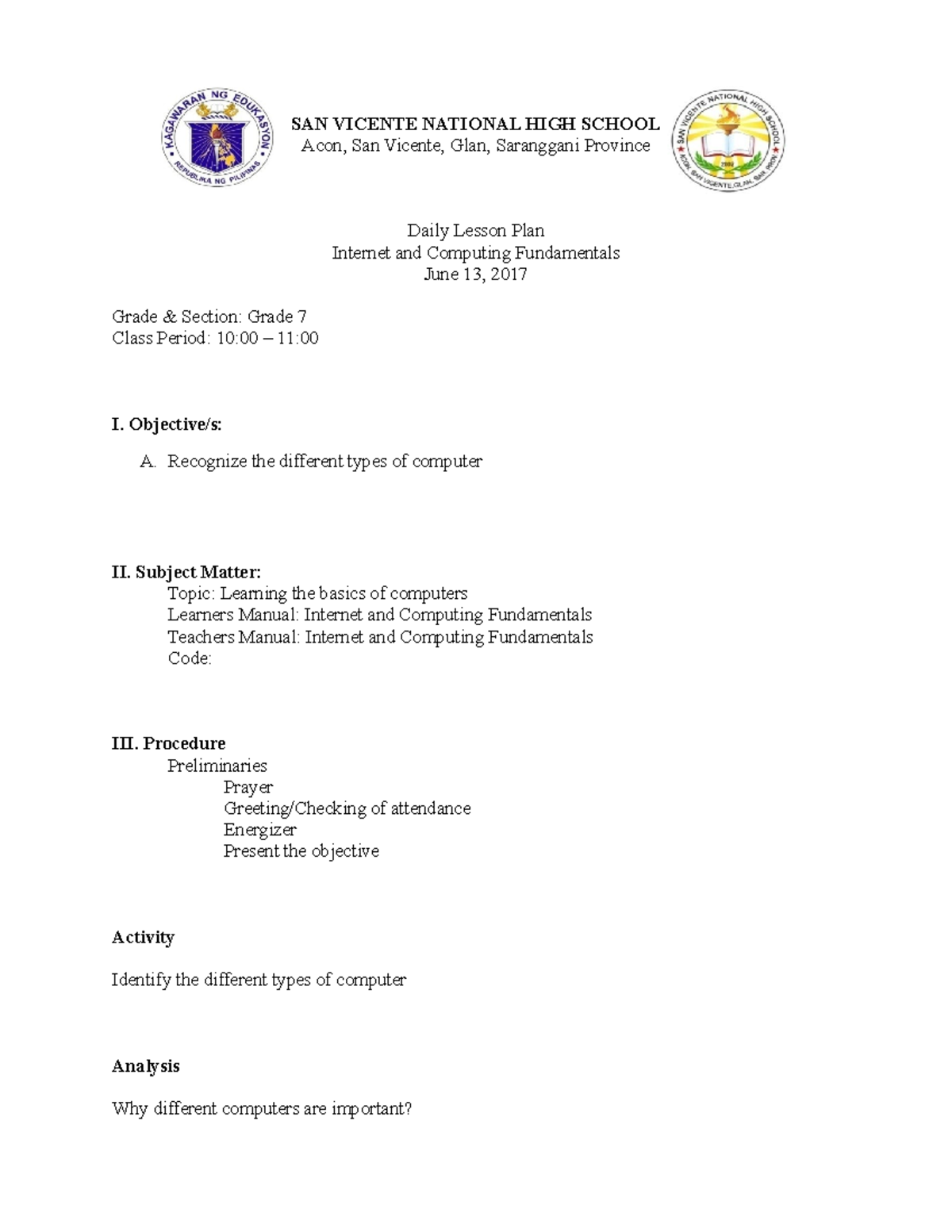 Grade 7 Daily Lesson Plan: Internet & Computing Fundamentals - Studocu