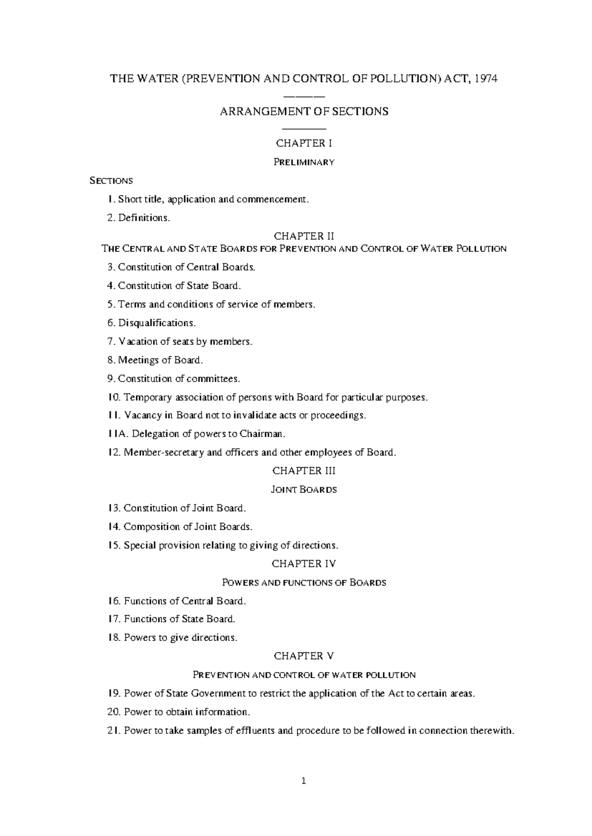 Water ACT - Notes - THE WATER (PREVENTION AND CONTROL OF POLLUTION) ACT ...