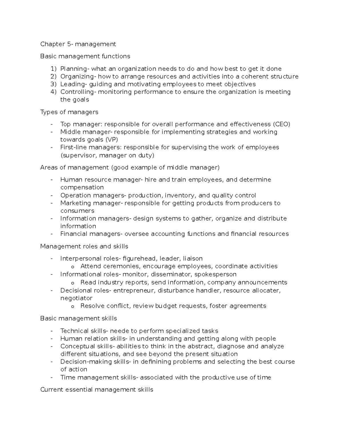 BUS160 Study Guide - Chapter on Basic Management Functions and Skills ...