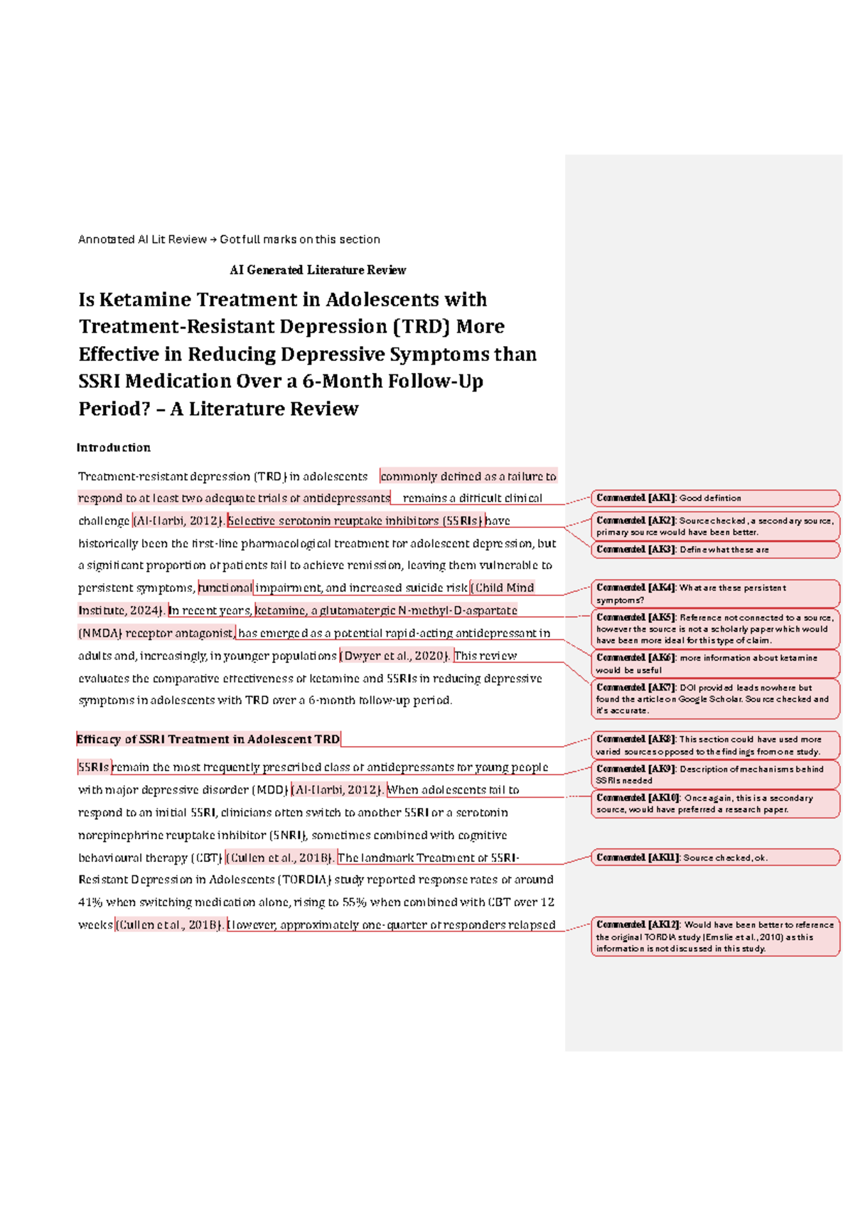 Annotated Literature Review: Ketamine vs. SSRIs in Adolescent TRD - Studocu