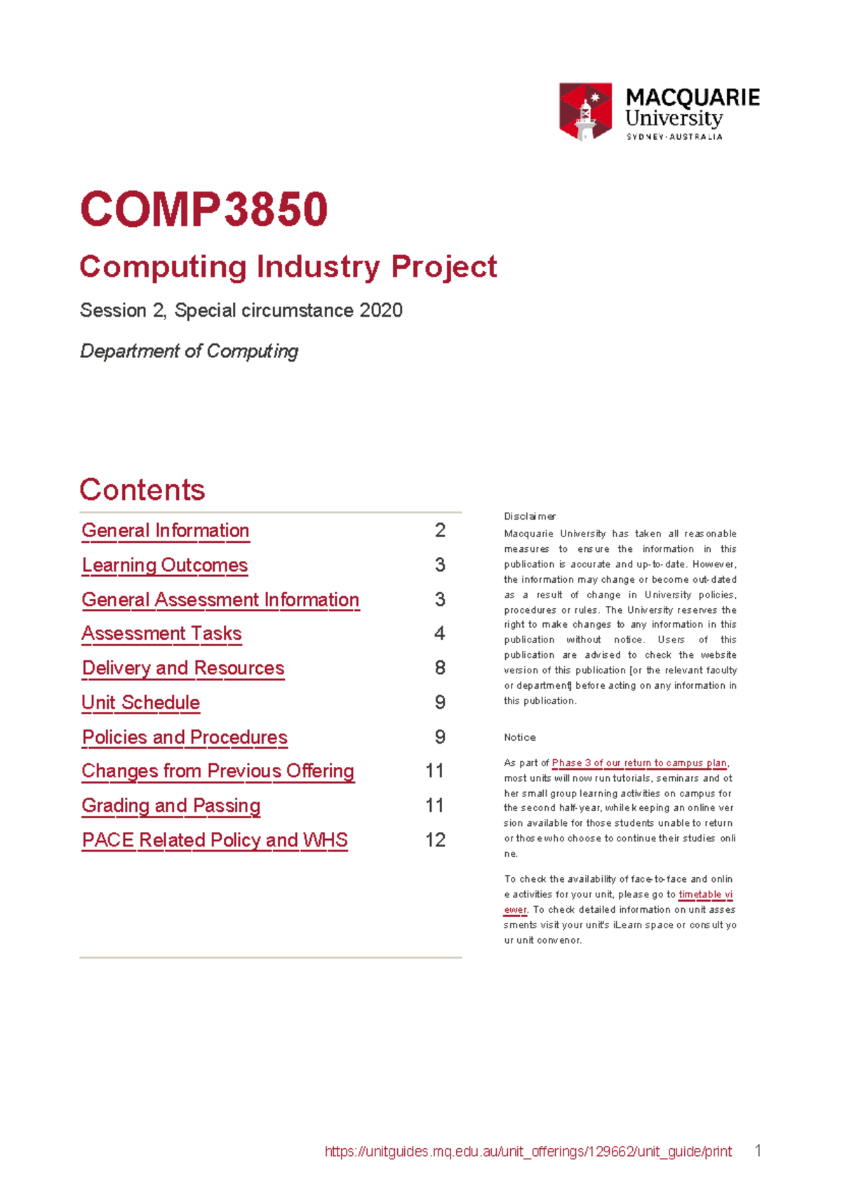 Unit Guide COMP3850 2020 Session 2: Special Circumstances Overview ...