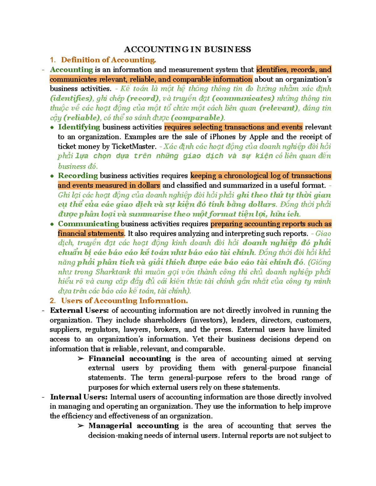 ACC101 - Theory - Summary Financial - ACCOUNTING IN BUSINESS Definition ...