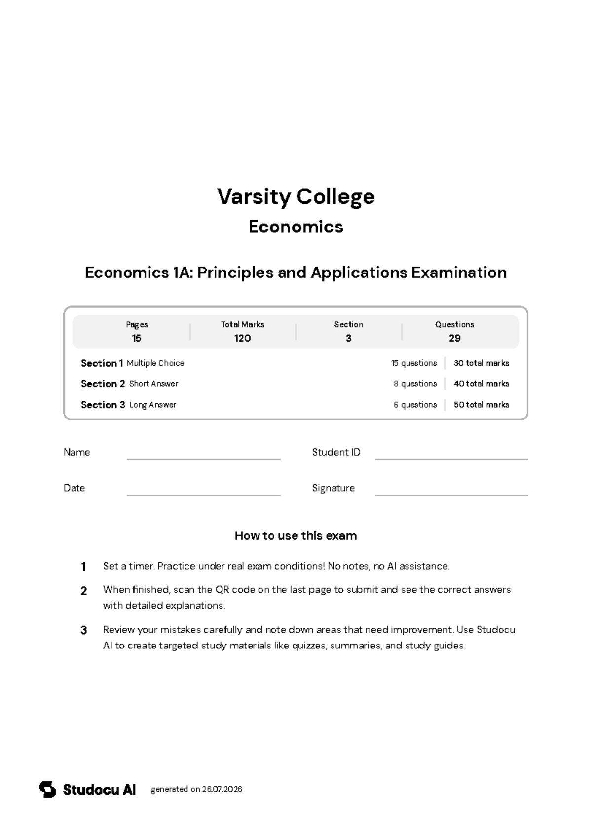 Economics 1A: Principles and Applications Exam - Studocu
