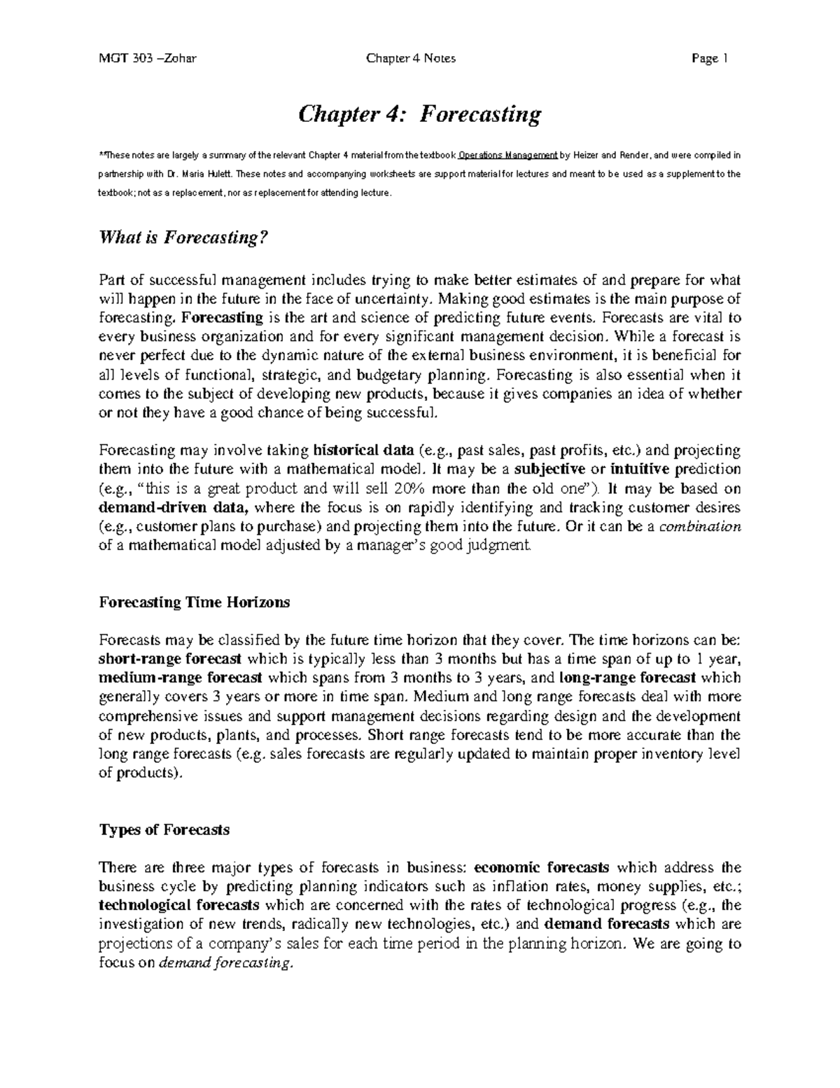 MGT 303 Chapter 4 Notes: Understanding Forecasting Techniques and ...