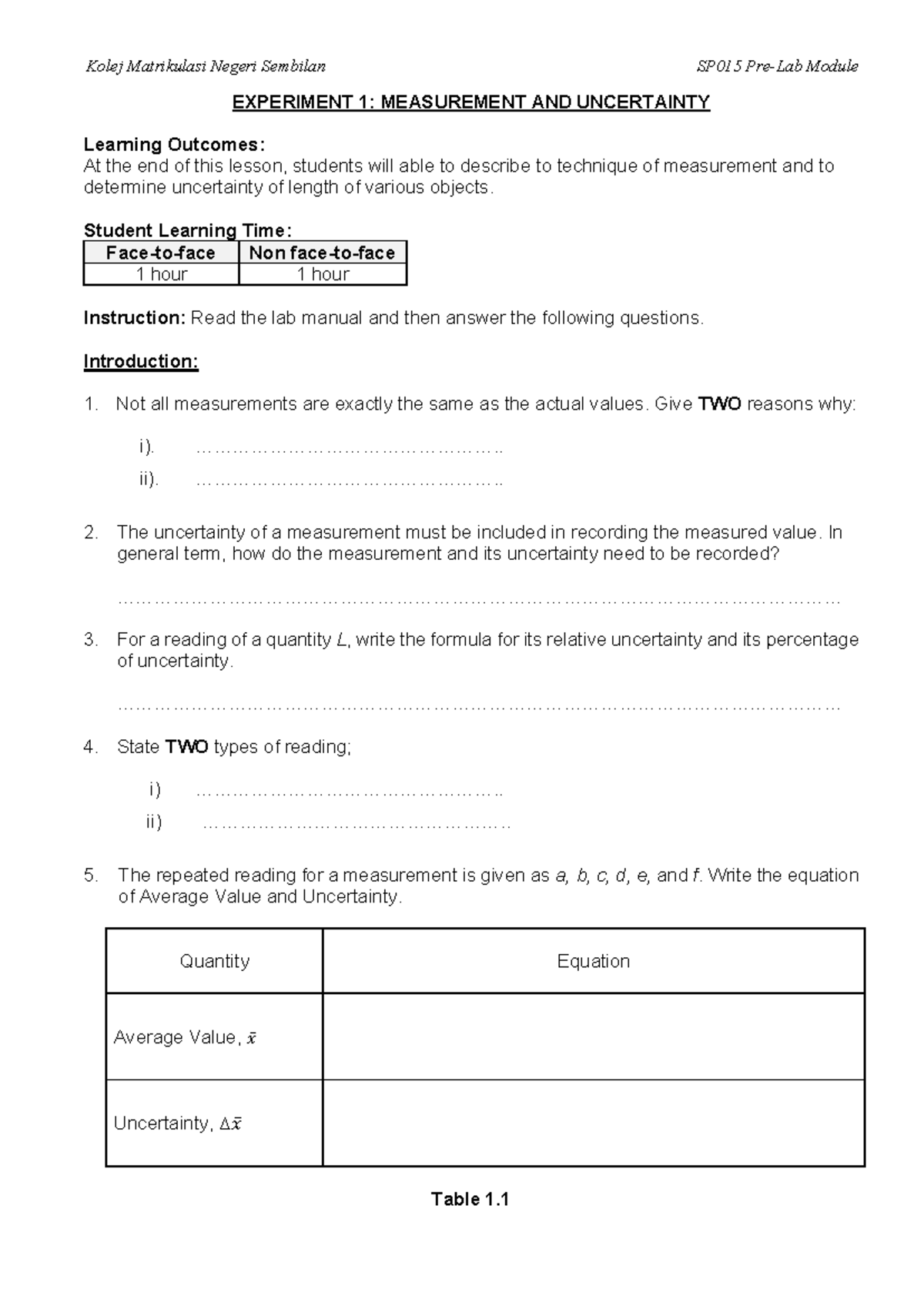 SP015 Experiment 1: Measurement & Uncertainty Pre-Lab Questions 2025 ...