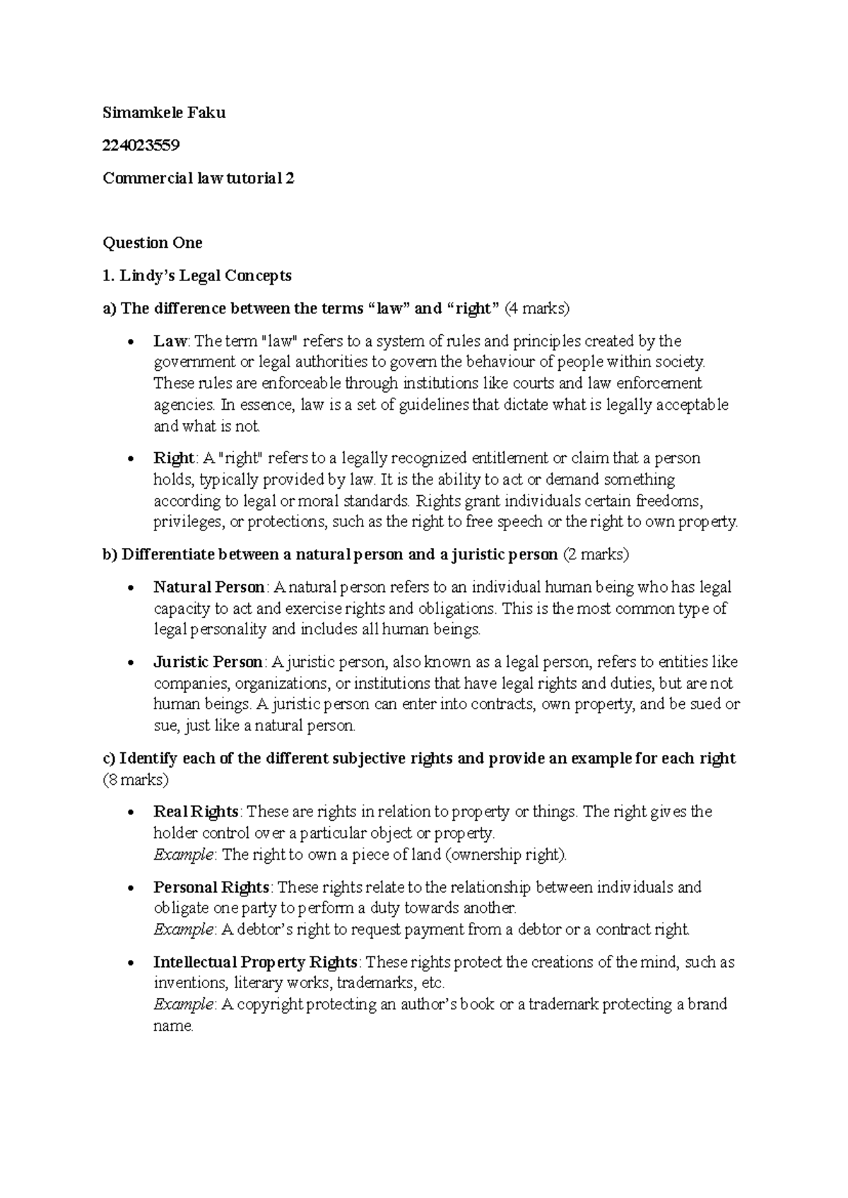 Commercial Law Tutorial 2: Key Legal Concepts and Rights Analysis - Studocu