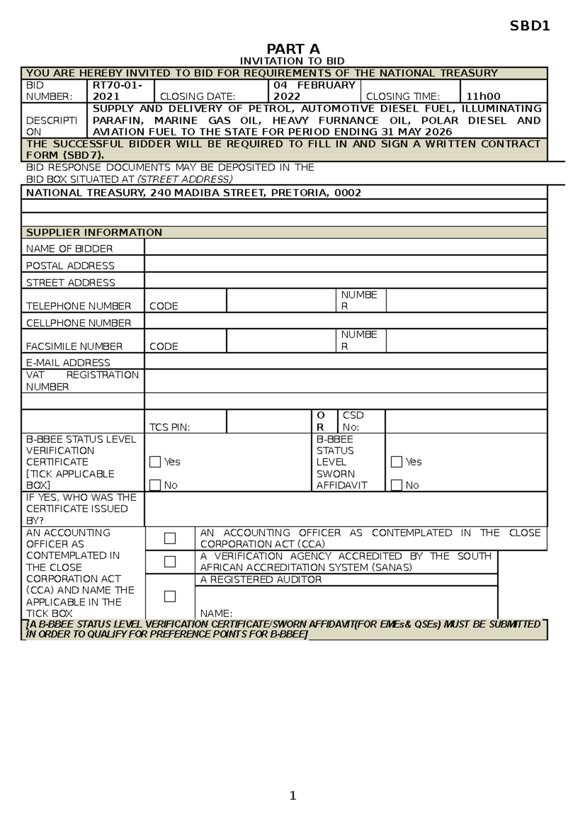 Final Bid Document: SBD RT70-01 for Supply of Fuel and Oil - Studocu