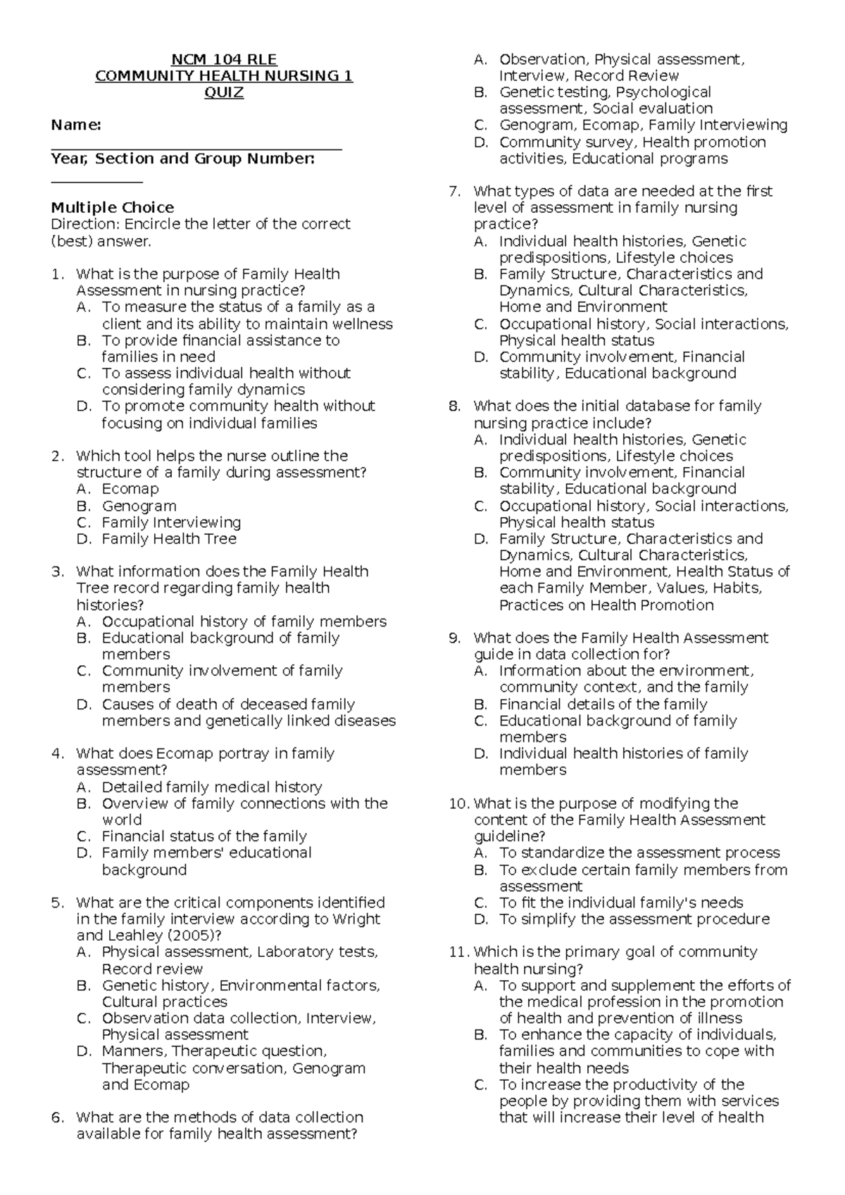 NCM 104 RLE quiz - chn - NCM 104 RLE COMMUNITY HEALTH NURSING 1 QUIZ ...